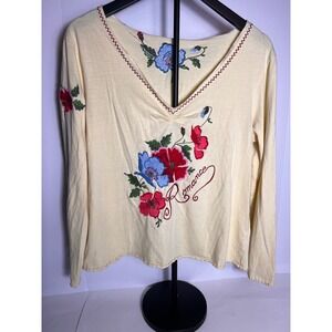 Vintage‎ Hand Embroidered Boho Floral Long Sleeve V Neck Top Romantic Blouse